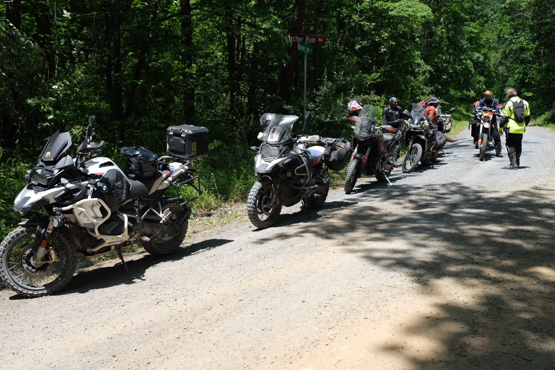 Riders paused on a wide forest gravel road at Penmerryl Farm weekend