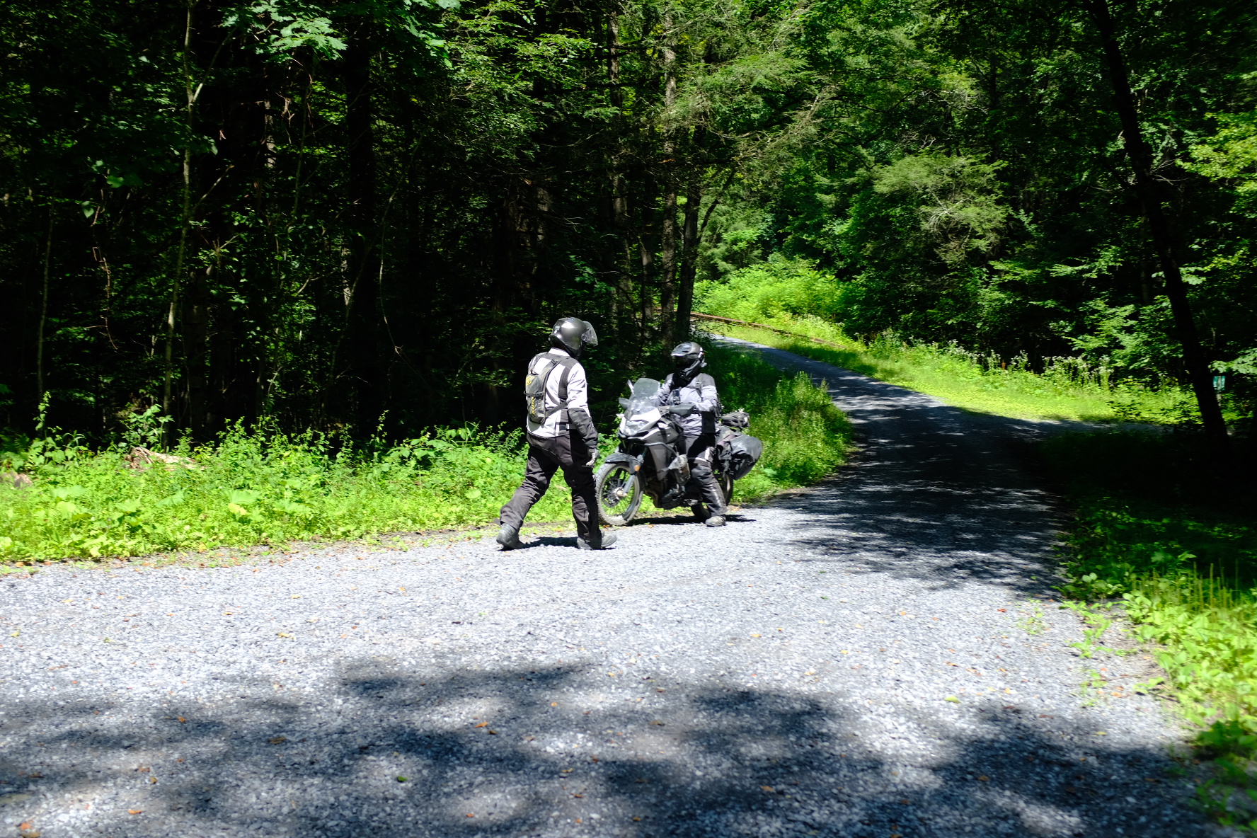 Two riders walking a loaded adventure bike along a shaded gravel forest road