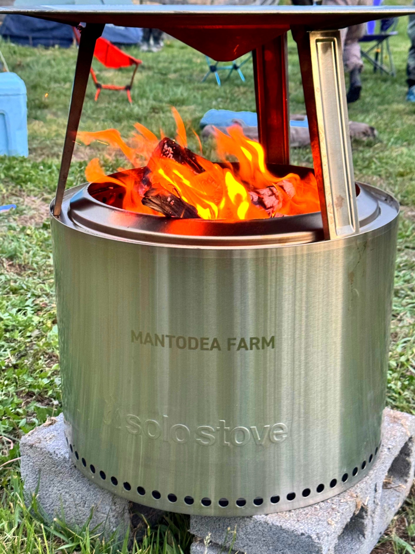Solo Stove campfire at Mantodea Farm at dusk